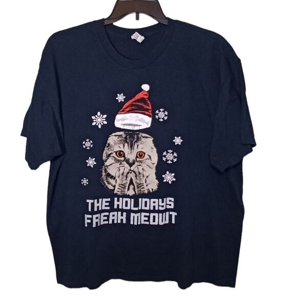 The Holidays Freak Meowt Cat Graphic Alstyle Crew Neck Cotton Navy T-shirt 2XL - Picture 1 of 7